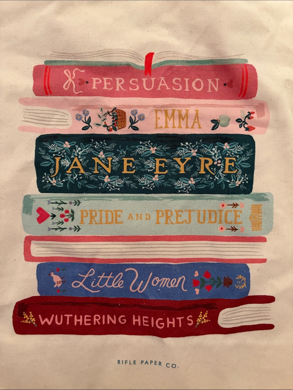 Rifle Paper Co. Cream Canvas Tote with Colorful Bookstack Print - Picture 2 of 3